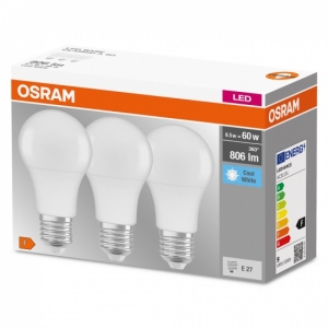 Лампочка світлодіодна Osram LED E27 8.5Вт 4000К 806Лм A60 3 шт. (4058075127531)