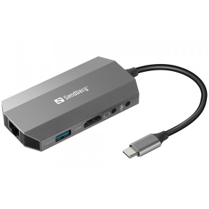 порівняти ціни на Хаб USB Sandberg USB3.1 Type-C HDMI/USB 3.0x2/RJ45/SD/TF/PD 100W 6in1 (136-33)