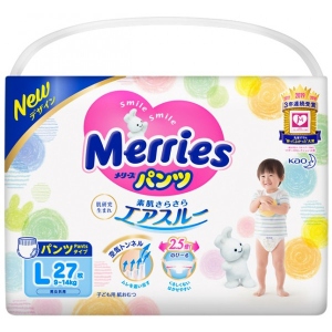 Одноразові підгузки-трусики MERRIES Размер L (9-14 кг), 27 шт. (602331)