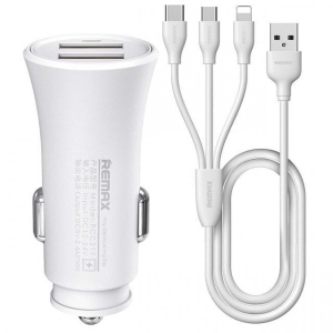 Автомобільний зарядний пристрій Remax 2xUSB 2.4A+кабель Lightning/microUSB/Type-C White (6954851288206)