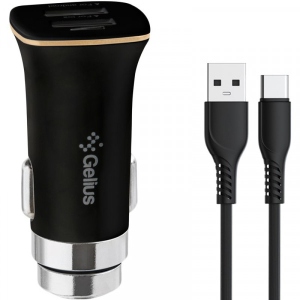 Автомобільний зарядний пристрій Gelius Pro Apollo GP-CC01 2USB 3.1A 15W + Cable Type-C Black (92661)