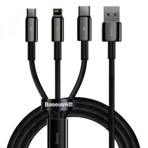 Кабель синхронізації даних Baseus Tungsten Gold One-for-three Fast Charging Data Cable USB to M+L+C 3.5A 1.5m Black (CAMLTWJ-01)