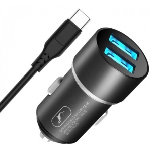 Автомобільний зарядний пристрій SkyDolphin SZ02T Aluminium (2USB, 2.4A) Black (AZP-000072)+кабель Type-C