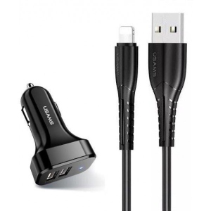 Автомобільний зарядний пристрій Usams U35 2xUSB 2.1A+кабель Lightning Black (6958444985961)