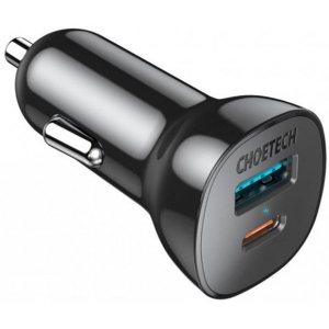 Автомобільний зарядний пристрій Choetech 1USB Type C 1USB 38W PD3.0 QC3.0 Black (TC0005)