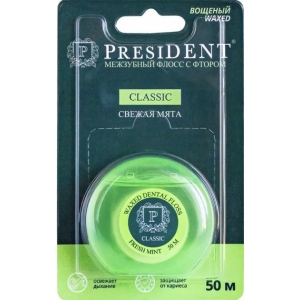 Зубна нитка PresiDENT Classic м'ята-фтор вощена 50м