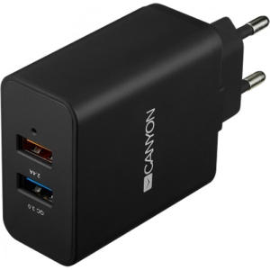Мережевий зарядний пристрій CANYON Universal 2xUSB A (1 USB with Quick Charger QC3.0) with Smart IC Black (CNE-CHA07B) Київ
