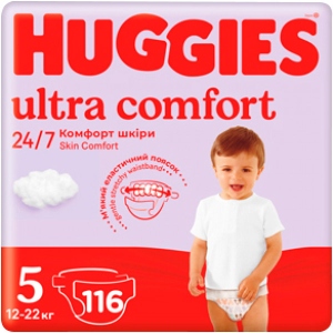 Одноразові підгузки Huggies EU на липучках Ultra Comfort Розмір 5 (12-22 кг), 116шт. (2 уп. по 58шт.) (5029053590530) Європейський товар