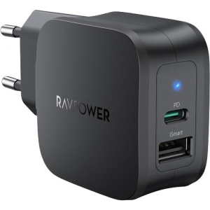 Мережевий зарядний пристрій RavPower Charger 30W PD USB-C+USB-A Black (RP-PC132)