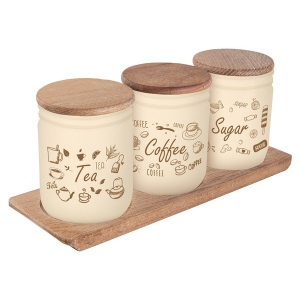 Набір ємностей для сипучих Herevin Wooden Set-Beige-Browm Tea-Coffee-Sugar 0.446 л (232102-021)