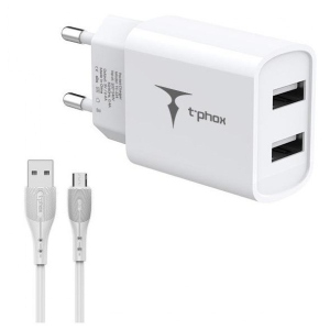 Мережевий зарядний пристрій T-phox Pocket Dual USB+MicroUSB cable (TCC-224 (W)+Micro)