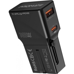 Мережевий зарядний пристрій Promate Triplug-pd18.Black
