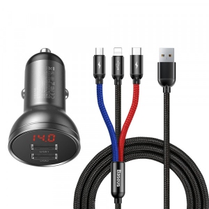 Автомобільний зарядний пристрій Baseus Digital Display Dual USB 4.8A Car Charger 24W with Three Primary Colors 3-in-1 (TZCCBX-0G)
