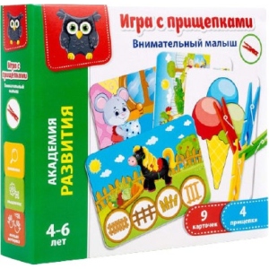 Настільна гра розвиваюча (3-4 роки) Vladi Toys з прищіпками "Уважний малюк" (рус) (VT5303-04)