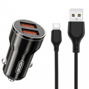 Автомобільний зарядний пристрій XO +кабель Type-C Smart Metal 2USB Black (XO-CC48с-BK)