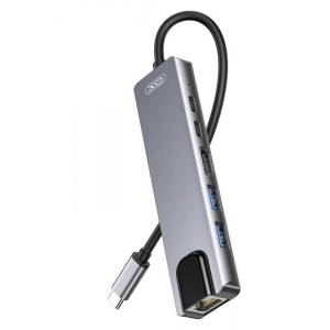 Хаб USB XO Type-C to HDMI+PD*2+USB*2+LAN 6 in 1 Silver (XO-HUB013SL)