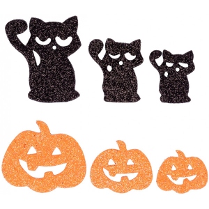 Декор Halloween YES! Fun Набір "Чорний кіт та гарбузи", 12 шт, глітер