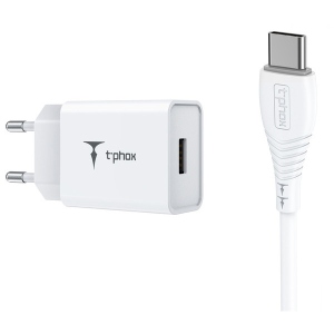 Мережевий зарядний пристрій T-phox Mini 12W 2.4A + Type-C cable 1.2m (White)