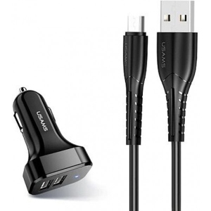 Автомобільний зарядний пристрій Usams U35 2xUSB 2.1A+кабель microUSB Black (6958444985978)