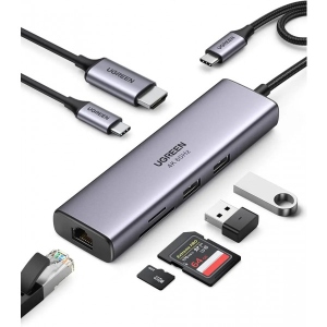 Хаб USB UGREEN CM512 USB Type-C to 2xUSB3.0+HDMI+RJ45+SD&TF +PD Port Converter Gray (60515)