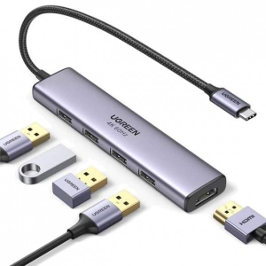 Хаб USB UGREEN CM478 USB Type-C to HDMI USB 3.0*4 Gray (15495)