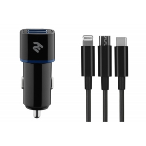 Автомобільний зарядний пристрій 2E 2хUSB 2.4A + кабель 3 в 1 Lightning/microUSB/Type-C Black (2E-ACR01-C3IN1) в Києві
