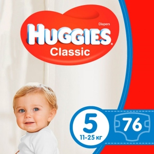 Одноразові підгузки Huggies Classic на липучках Розмір 5 (11-25 кг), 76 шт. (2*38шт.) (5029054236871)
