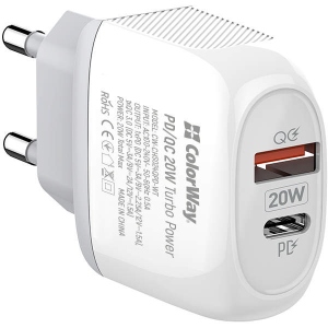 Мережевий зарядний пристрій Colorway Type-C PD + USB QC3.0 White (CW-CHS024QPD-WT)