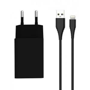 Мережевий зарядний пристрій Colorway 1USB AUTO ID 2A 10W Black+ cable Lightning (CW-CHS012CL-BK)