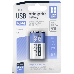 Батарейка тип AA Colorway USB-С 390 мАг 9В (CW-UB9V-06)