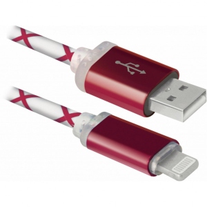 Кабель синхронізації даних Defender USB 2.0 AM to Lightning 1.0m ACH03-03LT Red LED Backlight (87552)