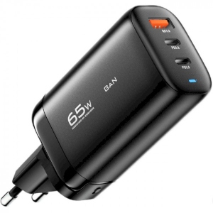 Мережевий зарядний пристрій Essager Shining 65W GaN 2 Type-С+USB-A EU Black (ECT2CA-MYB01)
