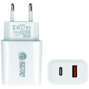 Мережевий зарядний пристрій ExtraDigital USB 3.0 + Type-C 220V 20W QC3.0+PD (SC230204)