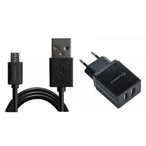 Мережевий зарядний пристрій Florence 2xUSB 2A Black (FL-1021-KM) + кабель MicroUSB