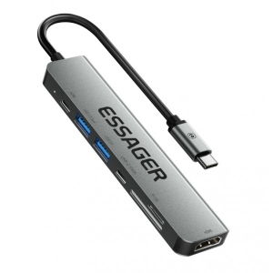 Хаб USB Essager QingHong 7 in1 HDMI USB3.2 USB-C SD TF Grey (EHB07-QH0G-Z)