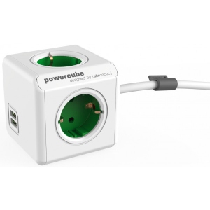 Подовжувач 220В Allocacoc Powercube Extended 1.5m 4р+2 USB Green (1402GN/DEEUPC)