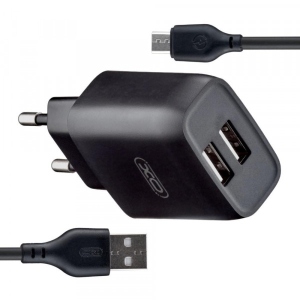 Мережевий зарядний пристрій XO 2.4A/2USB + microUSB Black (L57-M-BK)