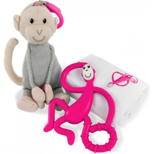Прорізувач Matchstick Monkey 14 см Pink + пелюшка Muslin 70х70 см + м'яка іграшка 30 см (MM-TGP-003)