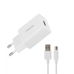 Мережевий зарядний пристрій Proda PD-A43a USB 2.4A + USB Type-C кабель 1 м White (PD-A43a-WHT)