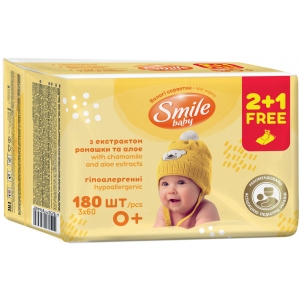 Вологі серветки для немовлят Smile "Екстракт ромашки і алое" 2+1, 60 шт. (42113813)