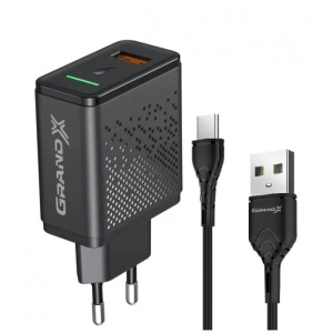 Мережевий зарядний пристрій Grand-X Fast Charge 3-в-1 QC3.0 FCP AFC 18W + кабель USB-TypeC (CH-650T)