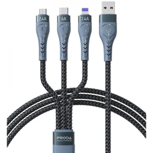 Кабель Proda Azeada PD-B74th Lightning 2,4A,Type-C 6A,Micro USB 2,4А 1,3 метри Black (PD-B74th-BK)