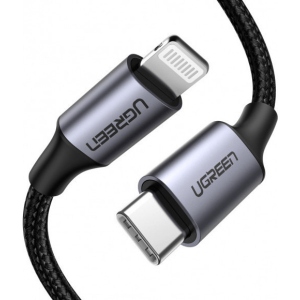 Кабель синхронізації даних UGREEN US304 USB Type-C - Lightning, MFI - 36W, 1.5 m Braided with Aluminum Shell Black (60760)