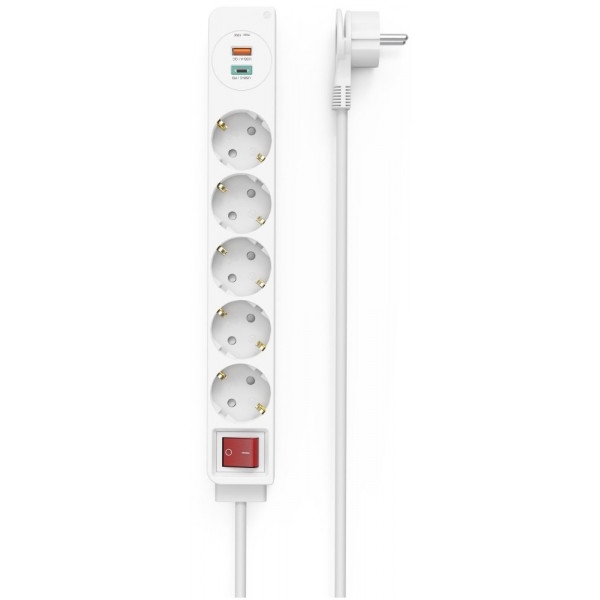 Мережевий фільтр Hama 5xSchuko 3Gx1.5мм 1.4 м USB-C/A, PD/QC White (00133758)