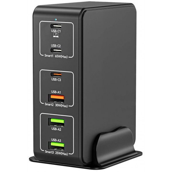 Мережевий зарядний пристрій XOKO QC-490 6 портів, 120W, 3xType-C (max 65W), 3xUSB max 25W Black (QC-490-BK)