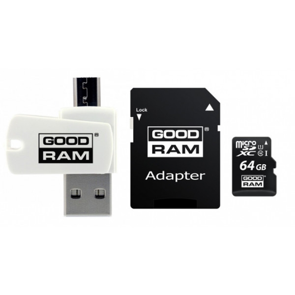Карта пам'яті Goodram microSDHC 64GB Class 10 UHS I Retail + Adapter + CardReader (M1A4-0640R12)