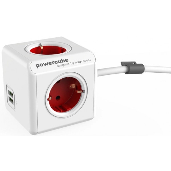 Подовжувач 220В Allocacoc Powercube Extended 1.5m 4р+ 2 USB Red (1402RD/DEEUPC)