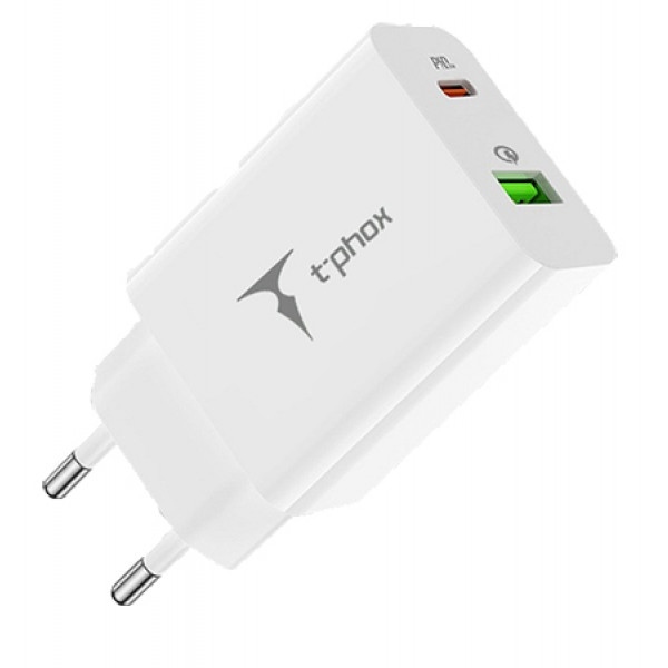 Мережевий зарядний пристрій T-phox Speedy 20W 2Ports Type-C+USB Charger White