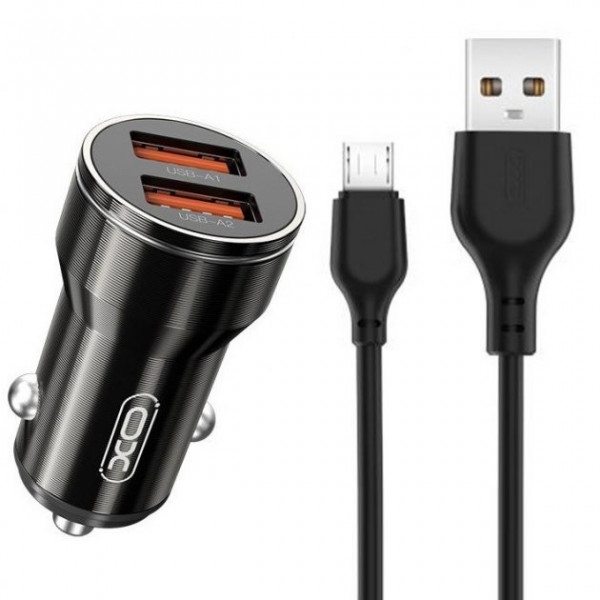 Автомобільний зарядний пристрій XO +кабель MicroUSB Smart Metal 2USB Black (XO-CC48m-BK)