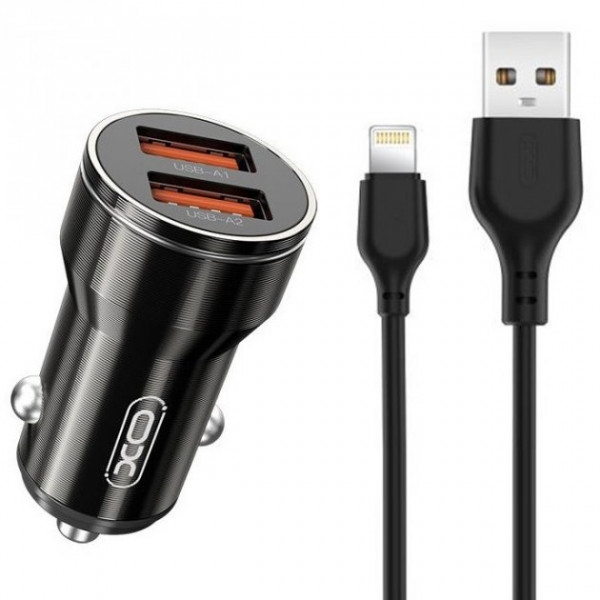 Автомобільний зарядний пристрій XO +кабель Lightning Smart Metal 2USB Black (XO-CC48i-BK)